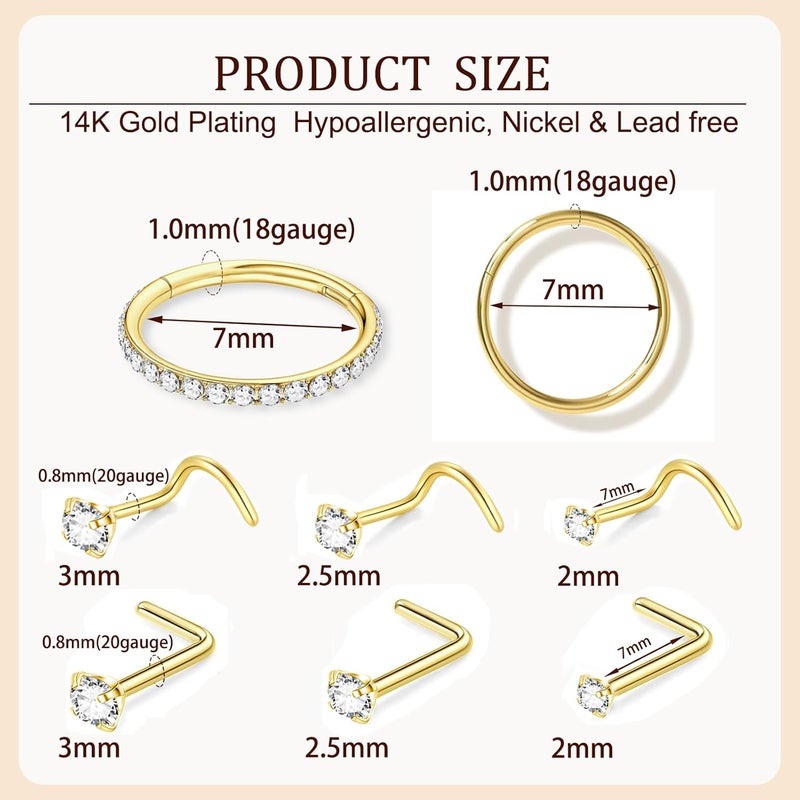 DALI 8PCS Titanium Nose Rings Stud, Gold Nose Ring for Women Men Hypoallergenic Nostril Hoops L Shape Nose Studs Corkscrew CZ Nose Piercing Jewelry Silver 18G & 20G Nose Ring Studs 2/2.5/3mm - Image 3